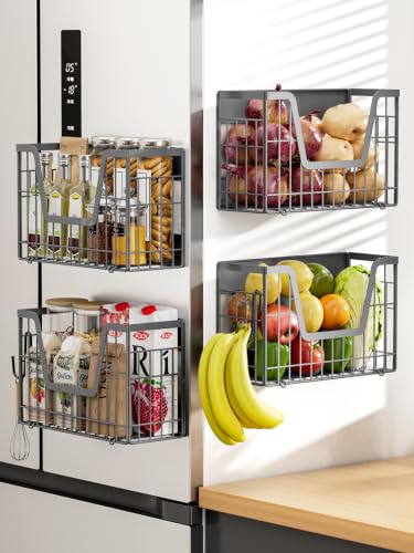 Image of 4 Pack Magnetic Shelf for Fridge, Fruit Potato and Onion Storage Bins, Magnetic Spice Rack for Kitchen Pantry Laundry Organizer, Metal Baskets Side of Fridge Organizers and Storage (Grey)