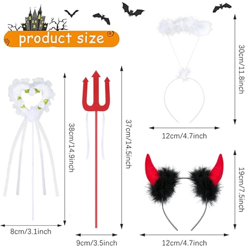 Mikqky 4 Stück Engel und Teufel Set - Hörner Stirnband, Zauberstab, Kostümzubehör, Roter Dreizack für Halloween Party