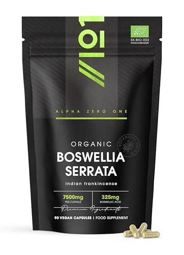 Organic Boswellia Serrata Extract 7500mg - 65% Boswellic Acid (325mg) - 90 Vegan Capsules High Strength Indian Frankincense Resealable and Recyclable Pouch by Alpha01