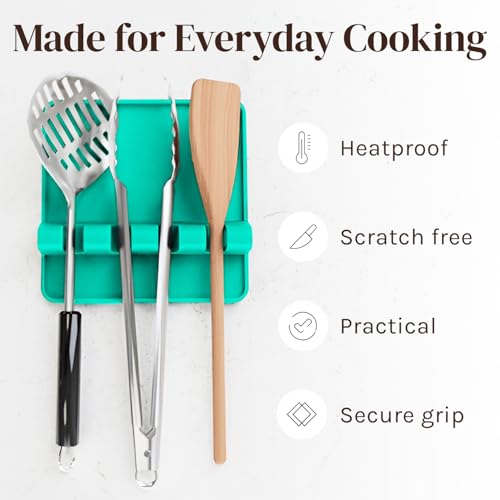 Image of Cooler Kitchen Aqua Green Silicone Spoon Rest for Stove Top with Drip Pad (Two Pack) - Heat-Resistant, BPA-Free Utensil Rest & Spoon Holder for Kitchen Counter - Grill Utensil Holder for Spatulas