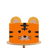 Tiger Face Cake Topper, Tiger Birthday Cake Topper, Orange Glitter Tiger Ears Cake Decor Set for Kids Birthday, Jungle Animal Baby Shower Party Decoration