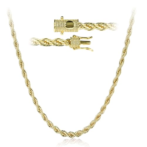 14k Gold Plated Rope Chain with Artificial Simulated Diamond Clasp 5mm Stainless Steel Twist Chain Necklace Bracelet for Men Women 7.5-24 Inches
