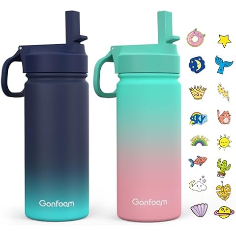 Kids Water Bottle, 2-Pack 16oz Water Bottles Kids with Straw and Stickers, Stainless Steel Vacuum Double Wall Insulated cup, Kids Water Bottle for School, Gifts for Boys and Girls(Blue/Green) Cover