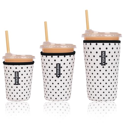 Image of Reusable Insulated Neoprene Iced Coffee Cup Sleeve, Durable Drink Sleeve for Cold Beverages, Beverage Holder for Iced Coffee, Black Polka Dots
