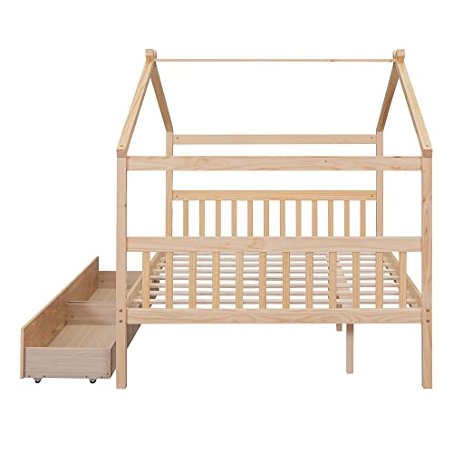 Merax Full Size Wooden House Bed With Two Drawers, Wood Bed Frame With Roof For Kids, Teens, Boys Or Girls, Natural #TOP3