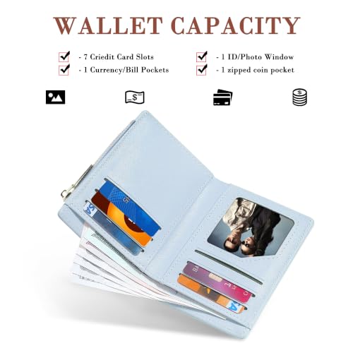 Image of Small Womens Wallet, Cute Bifold RFID Blocking Vegan Wallet for Teen Girls Ladies with Zipper Coin Pocket (Blue,Flower)