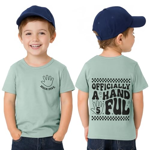 5th Birthday Shirt Toddler Boy 5 Year Old Birthday T-Shirt Short Sleeve 2-Sided Print Tee Tops Outfit (Sage Green 5T)