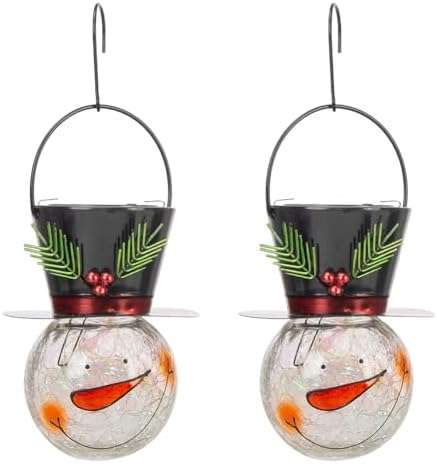 Viveta 2Pack Snowman Solar Lantern, Solar Lanterns Outdoor Waterproof, Christmas Hanging Lantern Crackle Glass for Garden Patio Yard Decor(Small Leaves)