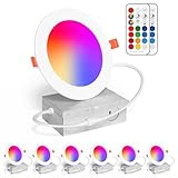 Recessed Lighting 4 Inch Color Changing 12W LED Downlights,1000Lumens Recessed Ceiling Light,RGB & Warm White 2700K Dimmable by Remote Control, Dual Memory - Timer - 12 Color Choices - 2 Modes, 6 Pack