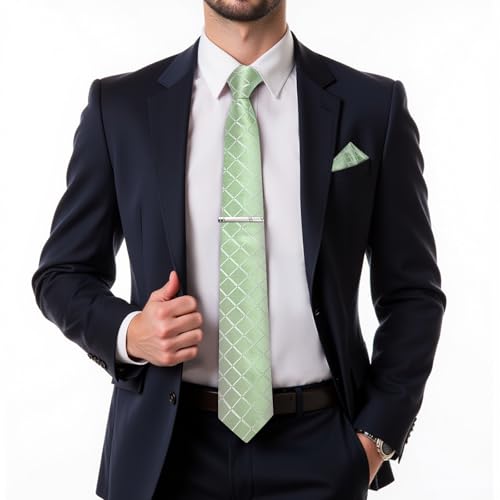 Image of DiBanGu Mens Silk Plaid Tie and Pocket Square Set | Elegant Silk Formal Tie Set, Woven Check Necktie and Cufflinks Tie Clip Set, Perfect for Wedding Party, Comes in Gift Box