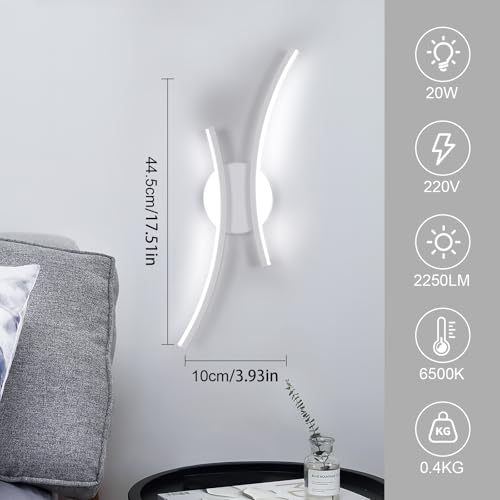 Applique LED da Parete Interno, 20W 2250LM Moderno Lampada da Parete LED, 44.5CM Bianco Lampada a Muro Creativo per Camera da Letto Bagno Soggiorno Scale Corridoio, Bianco Freddo 6500K - Illuminazione - Immagine 3