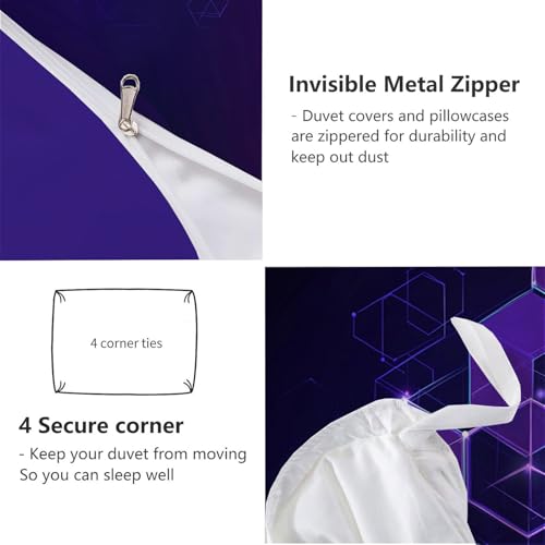Housse de couette 240x260 violette avec 2 taies d'oreiller imprimé hexagone
