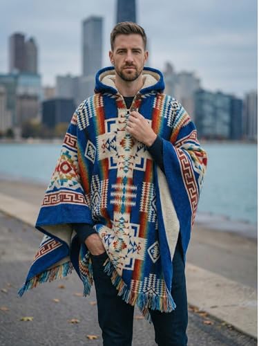 Image of Wool Poncho Adult Ponchos With Hood for men Alpaca Poncho Men Artesanal Ponchos Adult Alpaca Mens Panchos