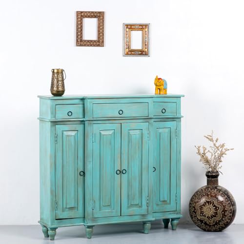 Image of Harvey Wooden Sideboard Cabinet for Living Room | Antique Wooden Cabinet for Storage Organizer with Doors | Cabinet for Home | Wooden Storage Furniture for Home | Turquoise Distress