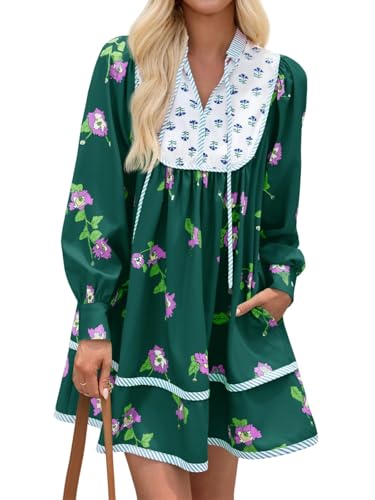 Image of Wenrine Womens Casual Floral Mini Dress Fall Long Sleeve V Neck Patchwork Loose Boho Shirt Dresses