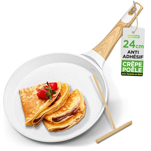 Nutrichef Poêle à Crêpes Antiadhésive 24 cm-Crêpière Induction avec Répartiteur en Bois,Poêle à Pancakes avec Revêtement Marbre Crème,Tous Feux Dont...