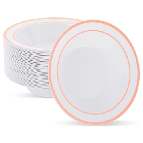 realluck 50pc Deep Bowl With White ground And Double Rose Gold Edges