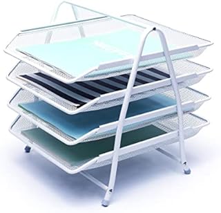EXERZ Letter Trays 4 layers, Free Standing Paper Sorter - Desk Organiser - File Holder - Wire Mesh Metal File Rack - For Office, School, Home, Study (4 x White)