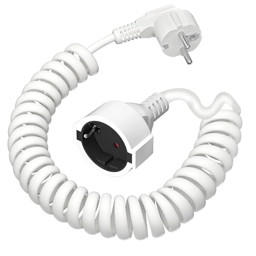 Rallonge spirale extensible 2 mètres PVC blanc avec fiche et raccord de protection