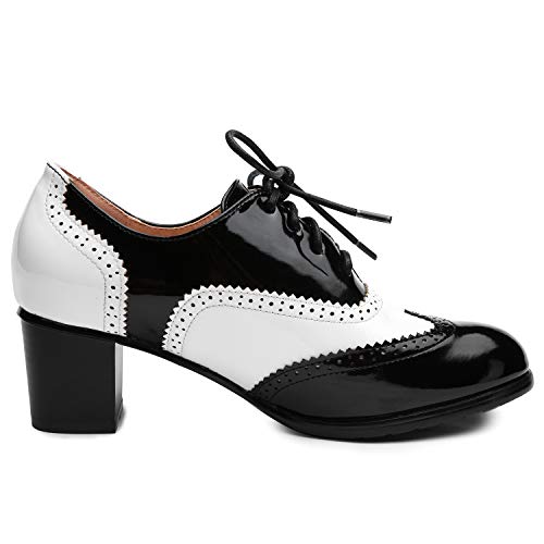 Odema Womens Pu Leather Oxfords Wingtip Lace Up Mid Heel Pumps Shoes Blackwhite #TOP3