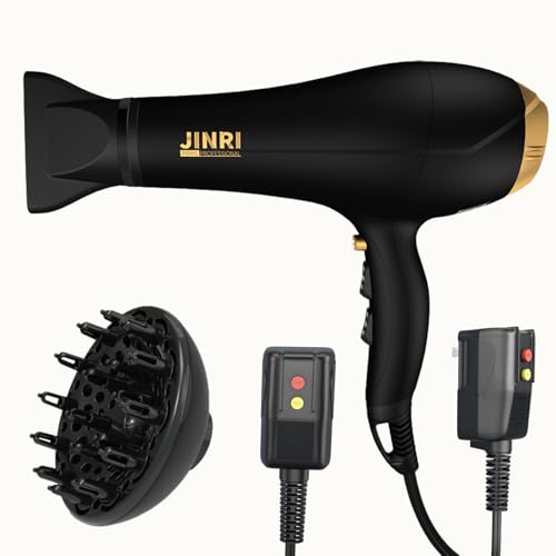 Hair Dryer - JINRI 2000W Diffuser Blow Dryer for Salon & Personal Use – Powerful, Fast Drying with Diffuser & Nozzle for Women & Men, ALCI Safety Plug, Black