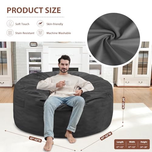 5FT Bean Bag Chair, Large Bean Bag Chairs with Memory Foam Filled, Fluffy Beanbag Sofa with Dutch Velvet Cover, Round BeanBag Chairs for Living Room, Playroom - Grey