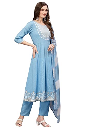 Stylum Women's Printed & Embroidered Cotton Anarkali Kurta Pant Dupatta Set