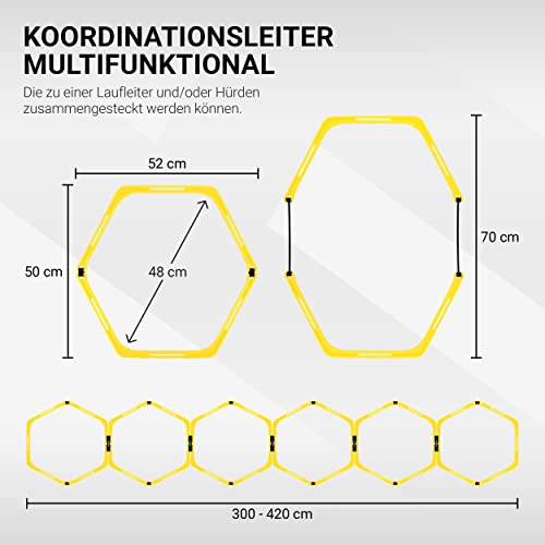 MSPORTS Koordinationsleiter Premium Multifunktional, 6X Hexagon-Elemente als Agility-Leiter u. Hürden kombinierbar Trainingsleiter Fußball Koordinationstraining Leiter