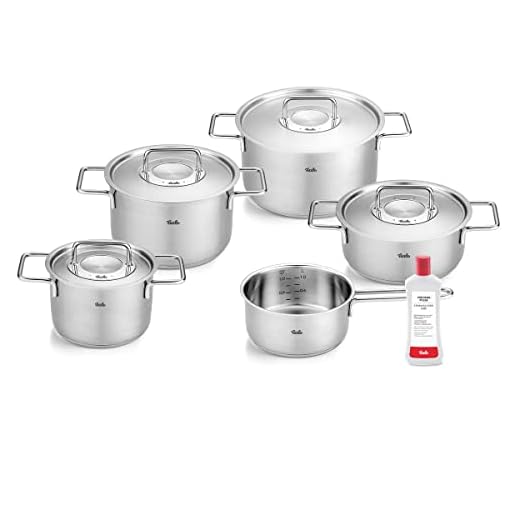 Fissler Pure Collection/roestvrijstalen pannenset, 6-delig, pannen met metalen deksel (3 kookpannen, 1 braadpan, 1 steelpan, 1 roestvrij stalen onderhoud), geschikt voor inductie, zilver
