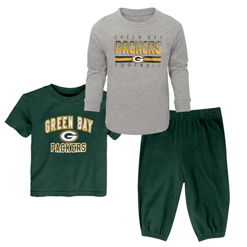 Outerstuff NFL Infant Toddler 12M-4T Officially Licensed Team Color Game On 3 Pack Long Sleeve, T-Shirt and Pants Set (Green Bay Packers, 4T)