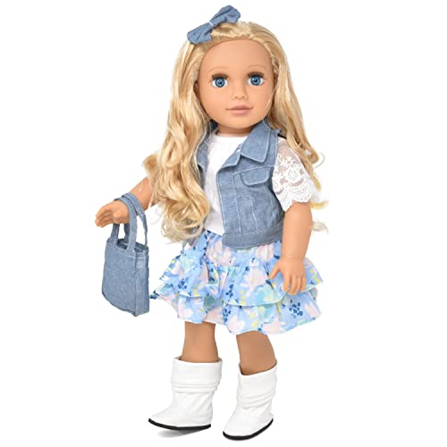 Gift Boutique 18 Inch Girl Doll, Fashion Doll with Fine Blond Long Hair, Blue Eyes, Floral Outfit, Denim Jacket, Sandals, Boots, Hair Bow, Handbag