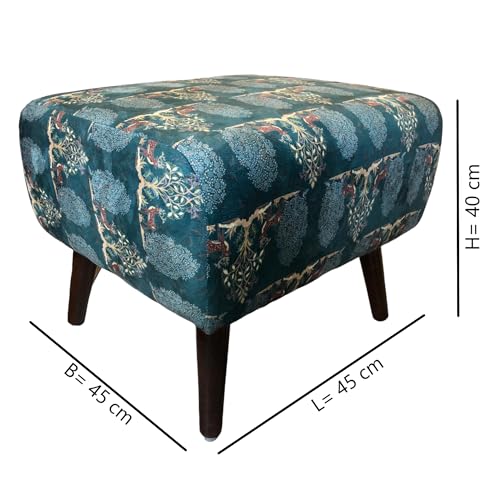 Image of The Artage Puffy Stool for Living Room Sitting Printed Premium Foam Cushioned Pouffe Ottoman for Foot Rest Stool for Home Decor Furniture with 4 Wooden Legs (Floral) (Forest Green)
