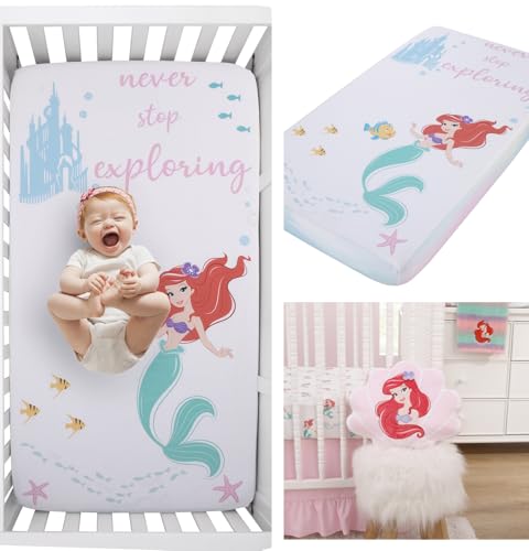 Image of Disney Ariel Watercolor Wishes Crib Sheet & Decorative Pillow Gift Set – Pink, Aqua, & White Under-The-Sea Baby Girl Nursery Décor Bundle