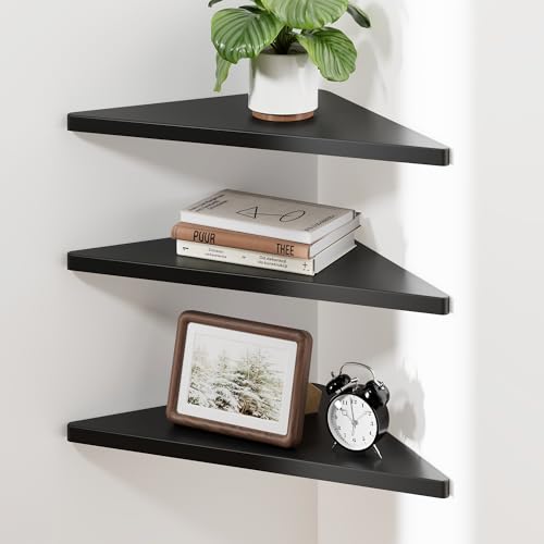 Venusmiles Corner Shelf Wall Mount, Engineered Wood Floating Corner Shelves with Cable Hole, Wall Mounted Storage Display for Bathroom, Bedroom, Living Room, Kitchen (12in, Black, Triangle Shape)