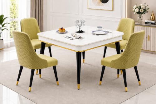 Image of WOODEN SPACE 4 Seater Wooden Dining Table Set | Urban Marble Top Dining Table with Chairs for Dining Room & Kitchen (Modern Vento Light Green) (42 x 42 x 30 inch)