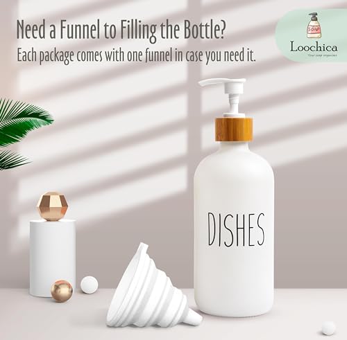 Image of LOOCHICA Dish White Glass Soap Dispenser with Plastic Pump, 16 Oz White Dish Soap Dispenser Set Refillable Reusable Apothecary Soap Pump Dispenser Bottles for Bathroom and Kitchen