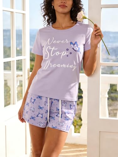Image of VENTELAN Pajama Set For Women Cute PJS Summer Short Sleeve Shorts Sleepwear