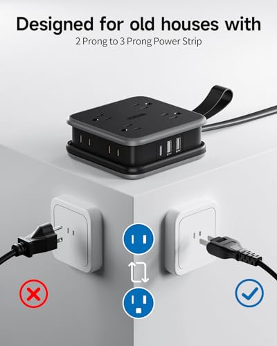 NTONPOWER Regleta 2 Prong, Adaptador de 2 a 3 Prong, Cable de Extensión 5 ft, 1875W/15A, Enchufe Giratorio 180°, 8 Tomas, 3 USB (1 USB C), Montaje en Pared para Casa Antigua, Dormitorio, Oficina Negro miniatura 2