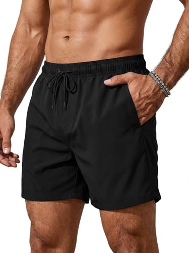 Runcati Badehose Herren Schnelltrocknend Badeshorts Männer Einfarbig Strand Schwimmhose Elastische Taille Sport Trainingsshorts mit Mesh-Futter und Reißverschlusstasche Schwarz M