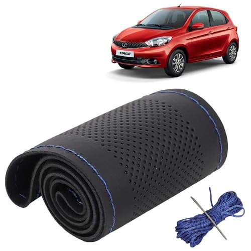 Image of KINGSWAY PU Leatherite Car Steering Cover Sewable Compatible with Tata Tiago (Year 2016-2020), Black Color with Blue Thread, Pack of 1 with Sewing Needle and Thread