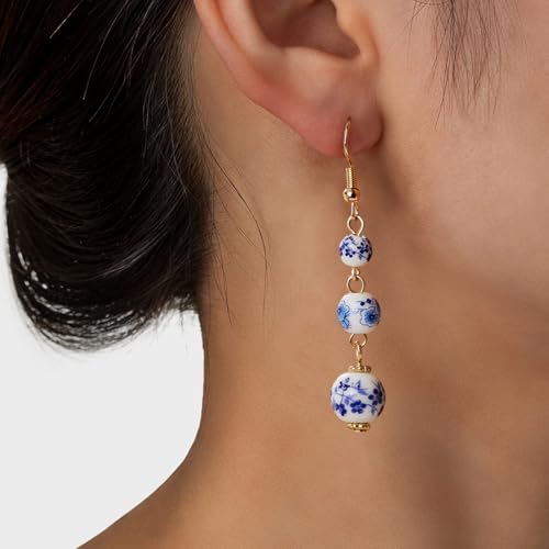 1 Pair Dangle Earring for Women, Luxury Blue and White Porcelain Pattern Long Hook Earrings, Exquisite Jewelry for Formal Events, Chic Accessory for Special Occasions(Blue&White)