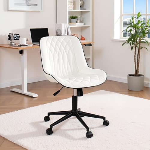 Image of YOUNIKE White Ergonomic Office Desk Chair No Arms Comfy Small Vanity Chair with Wheels Swivel Adjustable Modern Computer Task Chair with Back Armless Cute Leather Upholstered Rolling Chair