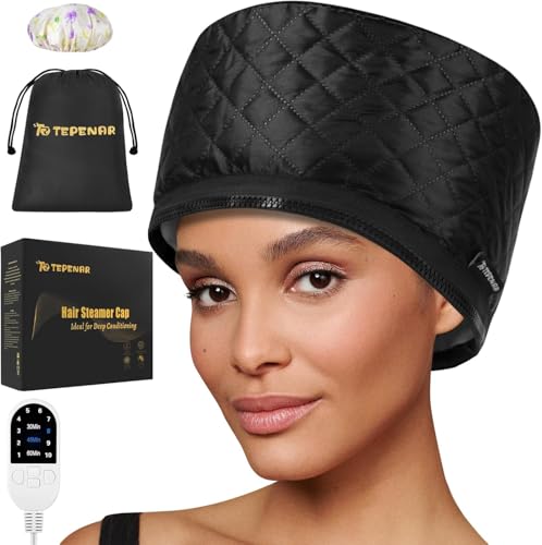 TEPENAR Bonnet vapeur professionnel avec 10 niveaux de chauffage et 3 minuteries - Capuchon chauffant électrique pour soins intensifs des cheveux naturels et...