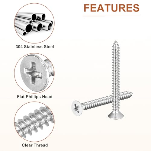 Image of DTGN 100Pcs #6x1-1 /2 inch Flat Head Wood Screws, 304 Stainless Steel Phillips Self Tapping Screws - Good for Woodworking, Furniture - Silver