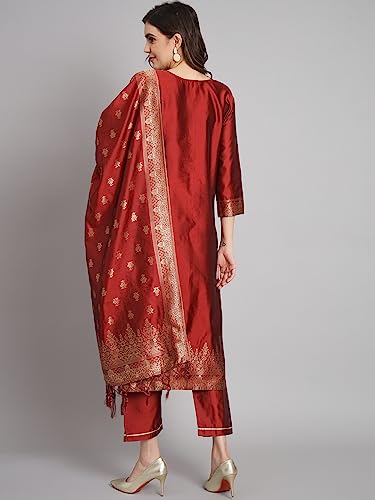 Image of VredeVogel Women's Cotton Silk Jacquard Kurta Pant Set with Banarasi Silk Dupatta