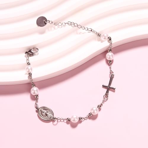 Catholic Cross Bracelet for Girls Charm Bracelet Jewelry Gift for Women First Communion Baptism Confirmation Gifts for Girls Stainless Steel Imitation Pearl Rosary Bracelet2