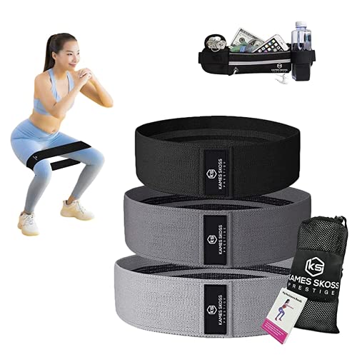 KAMES SKOSS PRESTIGE -3 Bandes élastique Fitness Musculation, Résistance en Tissu avec Sac de Rangement, Bande d’Exercice Élastique et Une Ceinture de Course à Pied, Sac Banane de Sport Offerte Cover