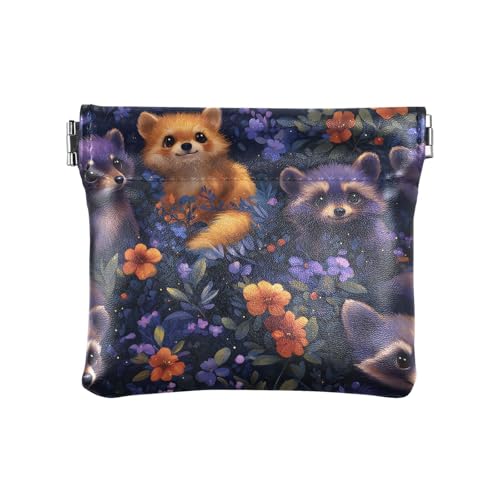 Coin Purse for Women Raccoon Flower Coin Pouch Change Holder PU Leather Mini Wallet Portable Coin Bag Money Pocket