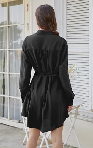 Image of ECOWISH Womens Button Shirt Dress with Pockets Fall Summer Short Mini Dresses Long Sleeve 3 /4 Sleeve Long Tunics Blouse Belt