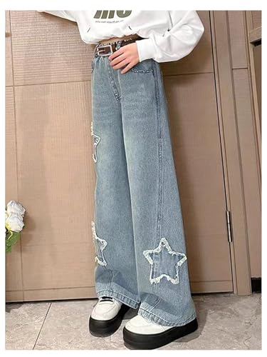 OYOANGLE Girl's Ripped Pattern Straight Leg Jeans Elastic High Waist Y2K Denim Pants with Pocket3